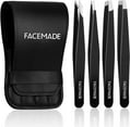 FACEMADE 4 Pcs Tweezers Set, Stainless Steel Hair Removal Makeup Tool, Gift, Black